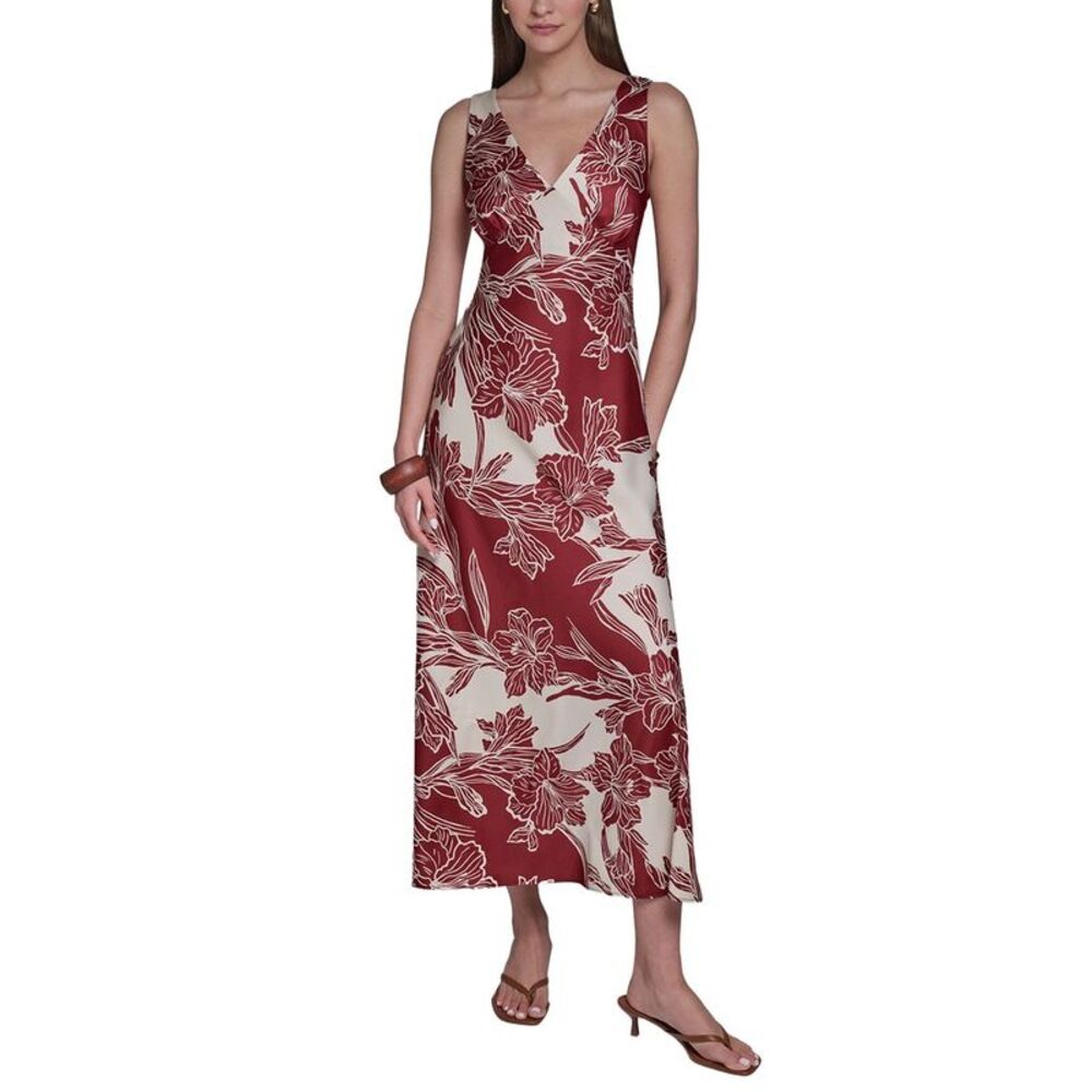 Halston Womens Sleeveless V-Neck Midi Dress